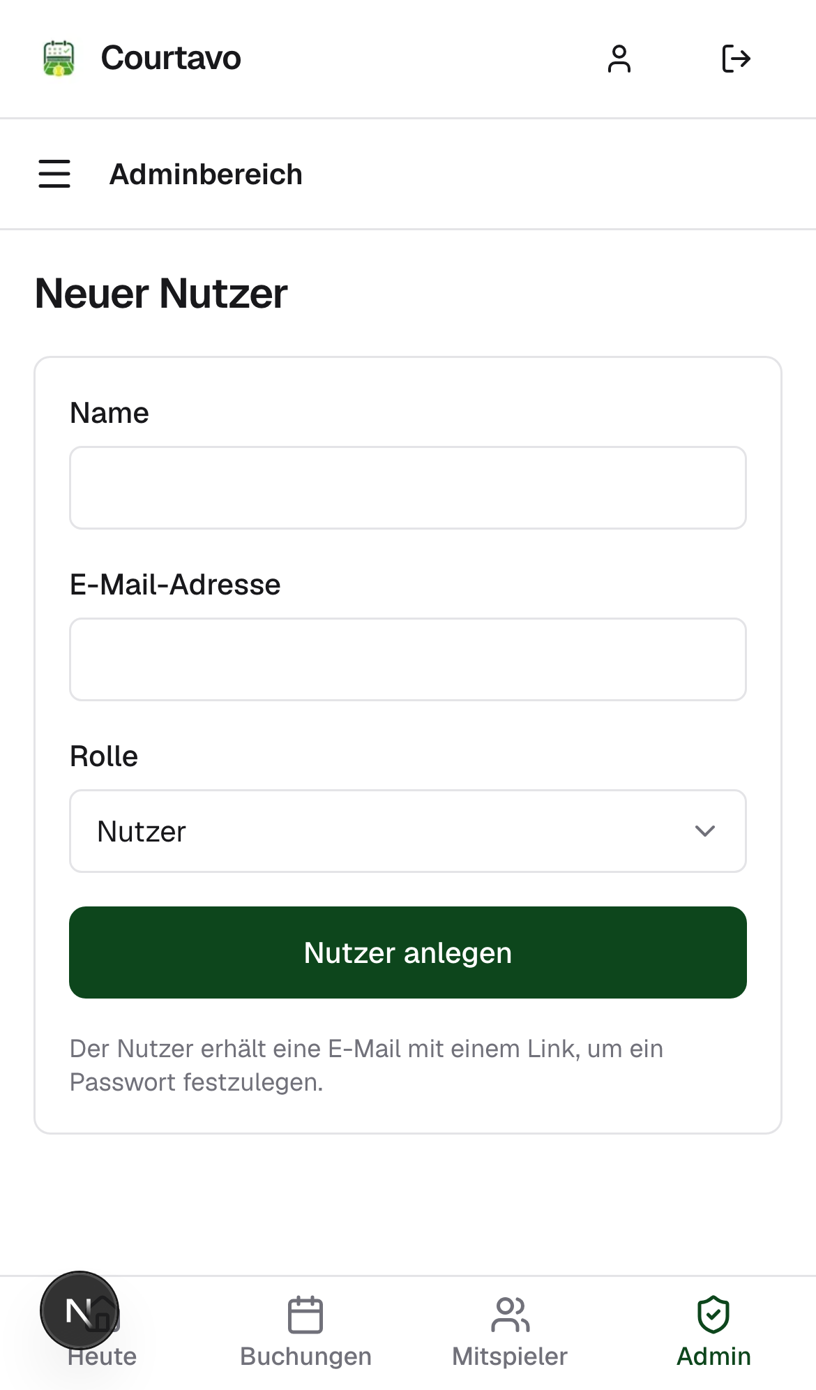 Formular Neuer Nutzer, mobile Ansicht
