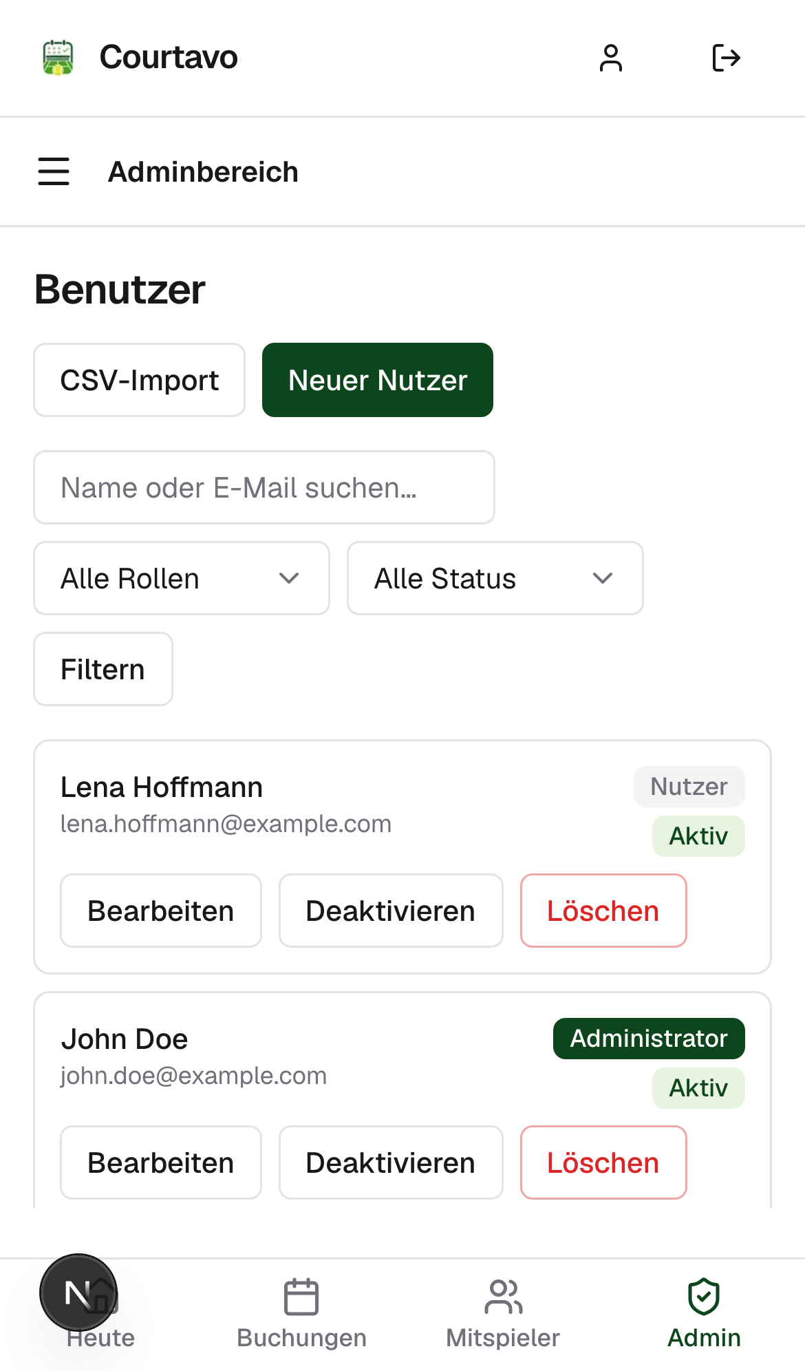 Benutzerliste mit neu angelegtem Nutzer, mobile Ansicht