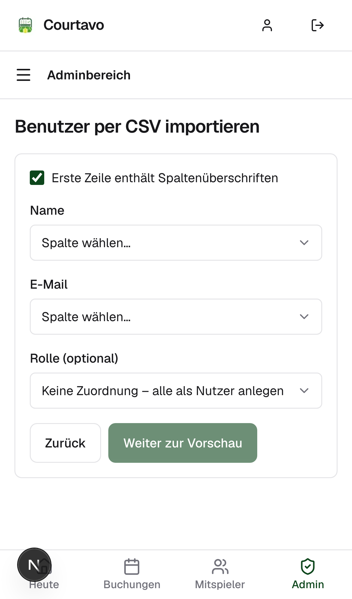 Spalten zuordnen, noch leer, mobile Ansicht