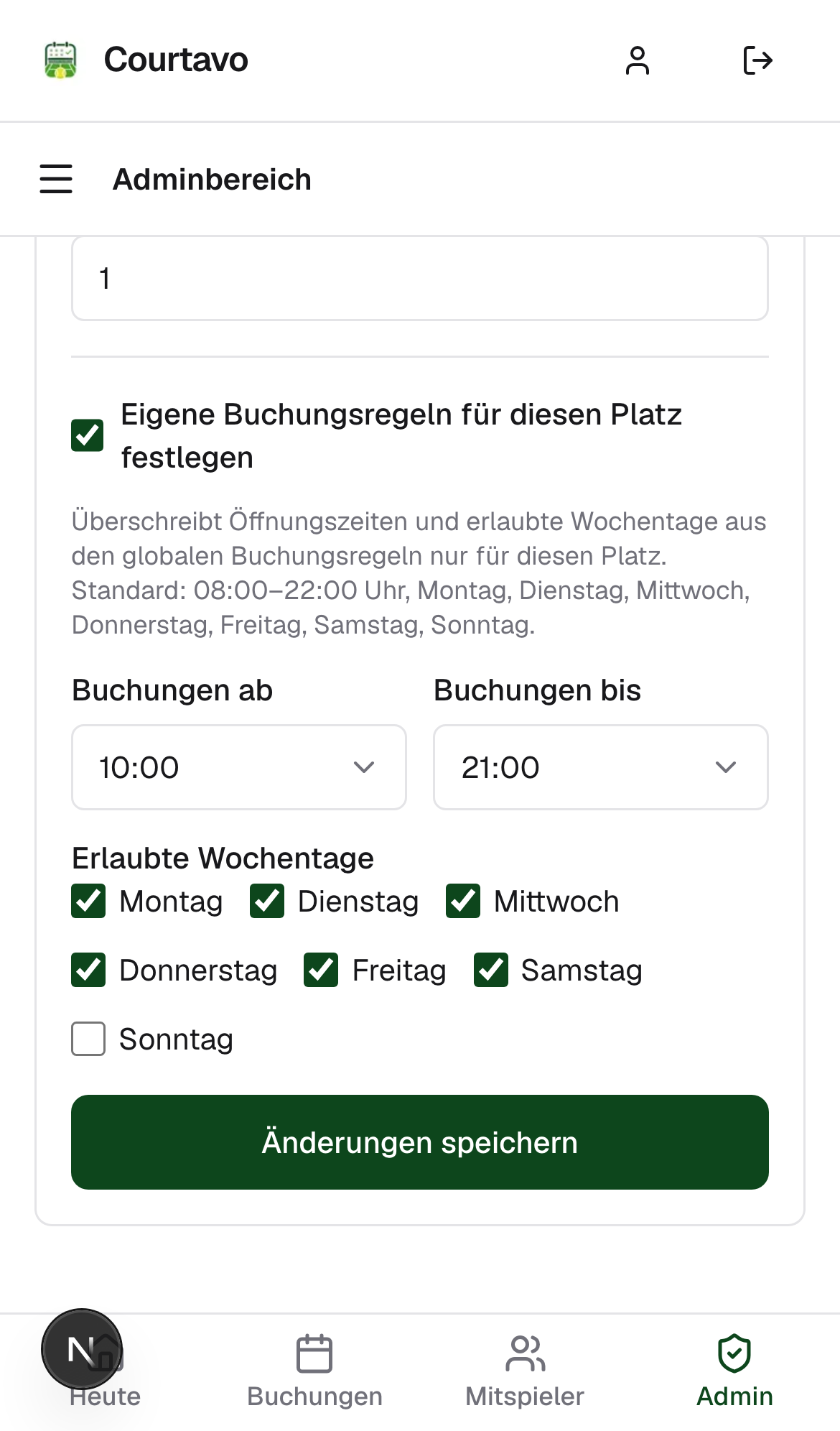 Angepasste Öffnungszeiten und Wochentage, mobile Ansicht