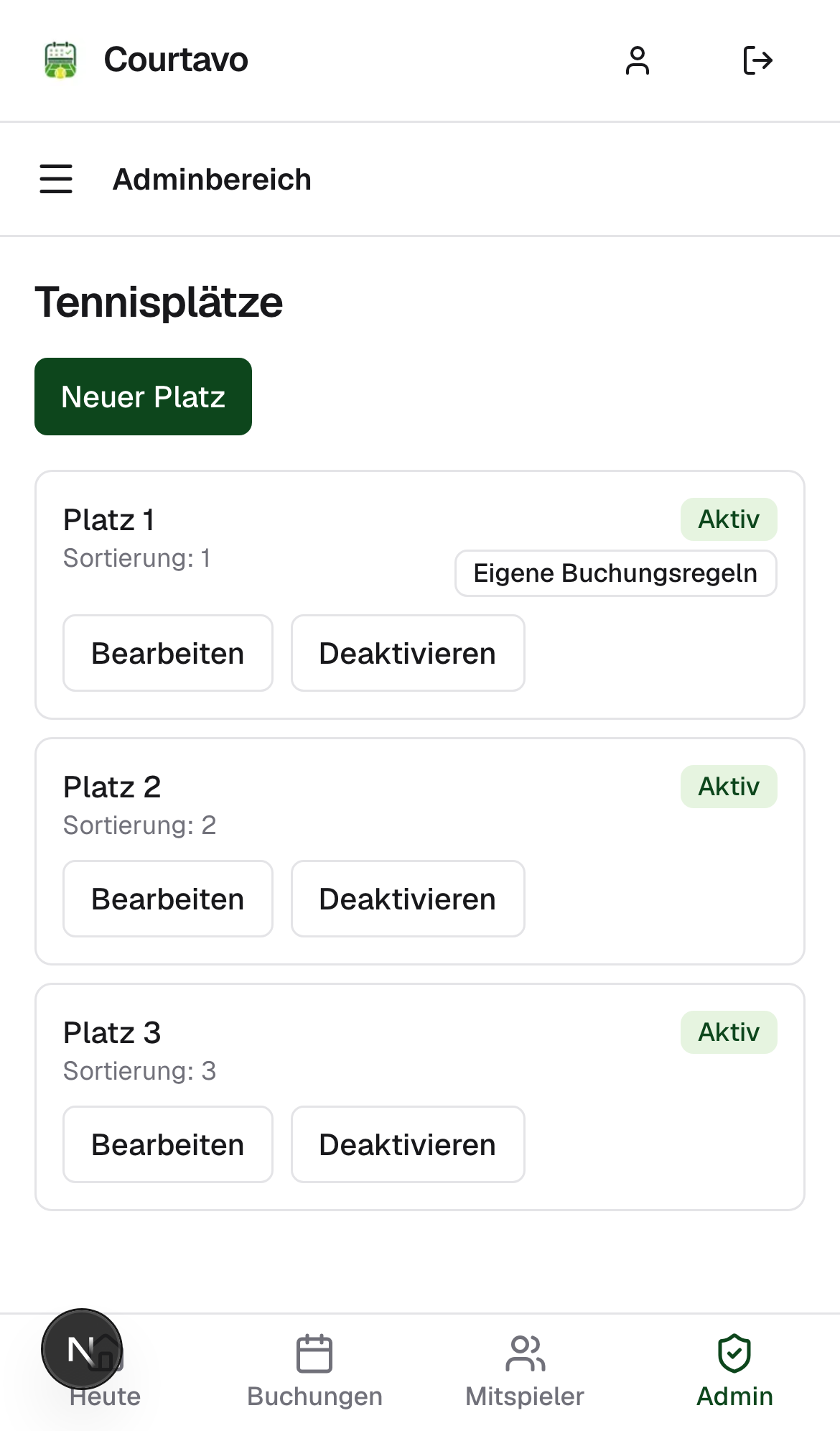 Platzliste mit Hinweis Eigene Buchungsregeln, mobile Ansicht
