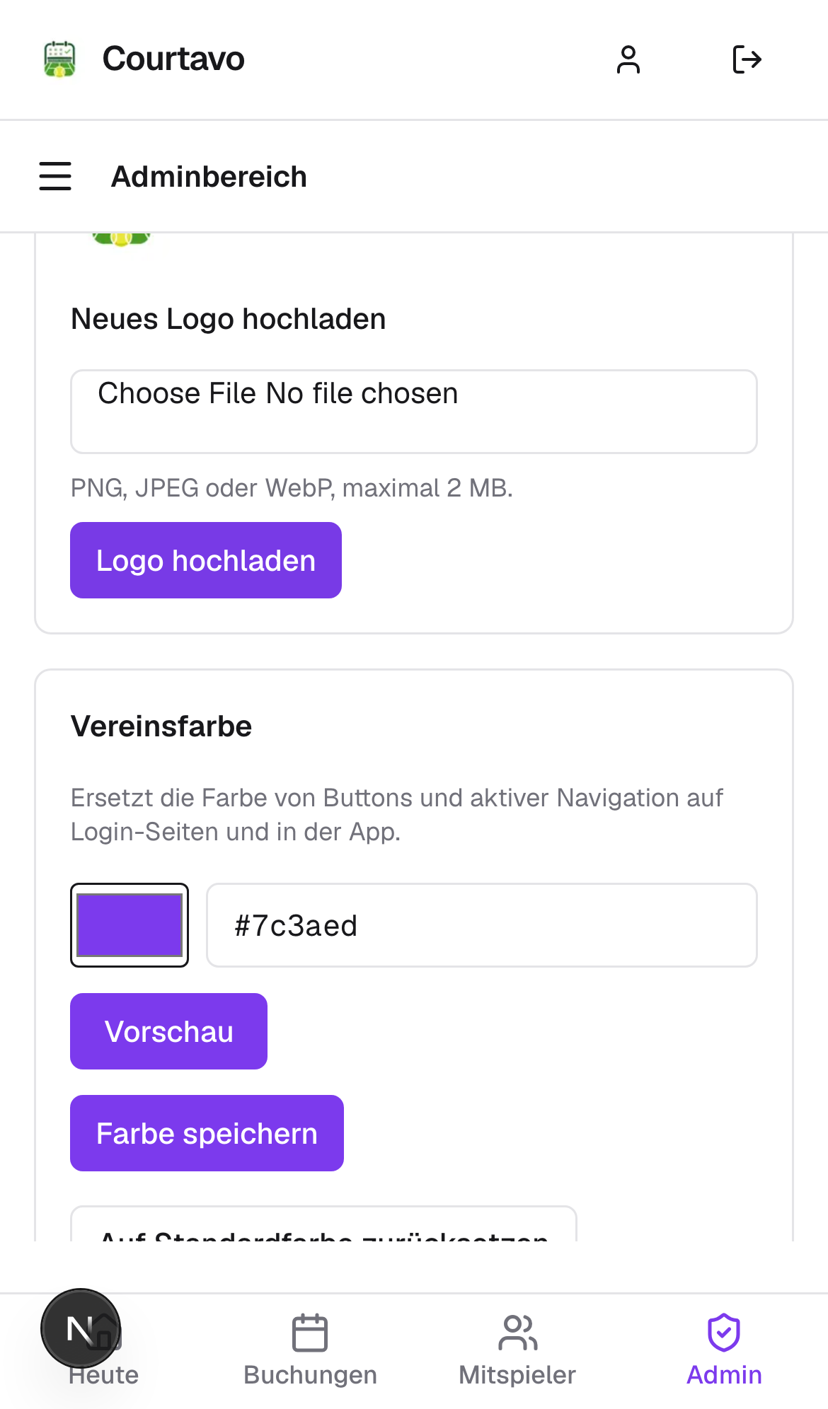 Gespeicherte Vereinsfarbe, mobile Ansicht
