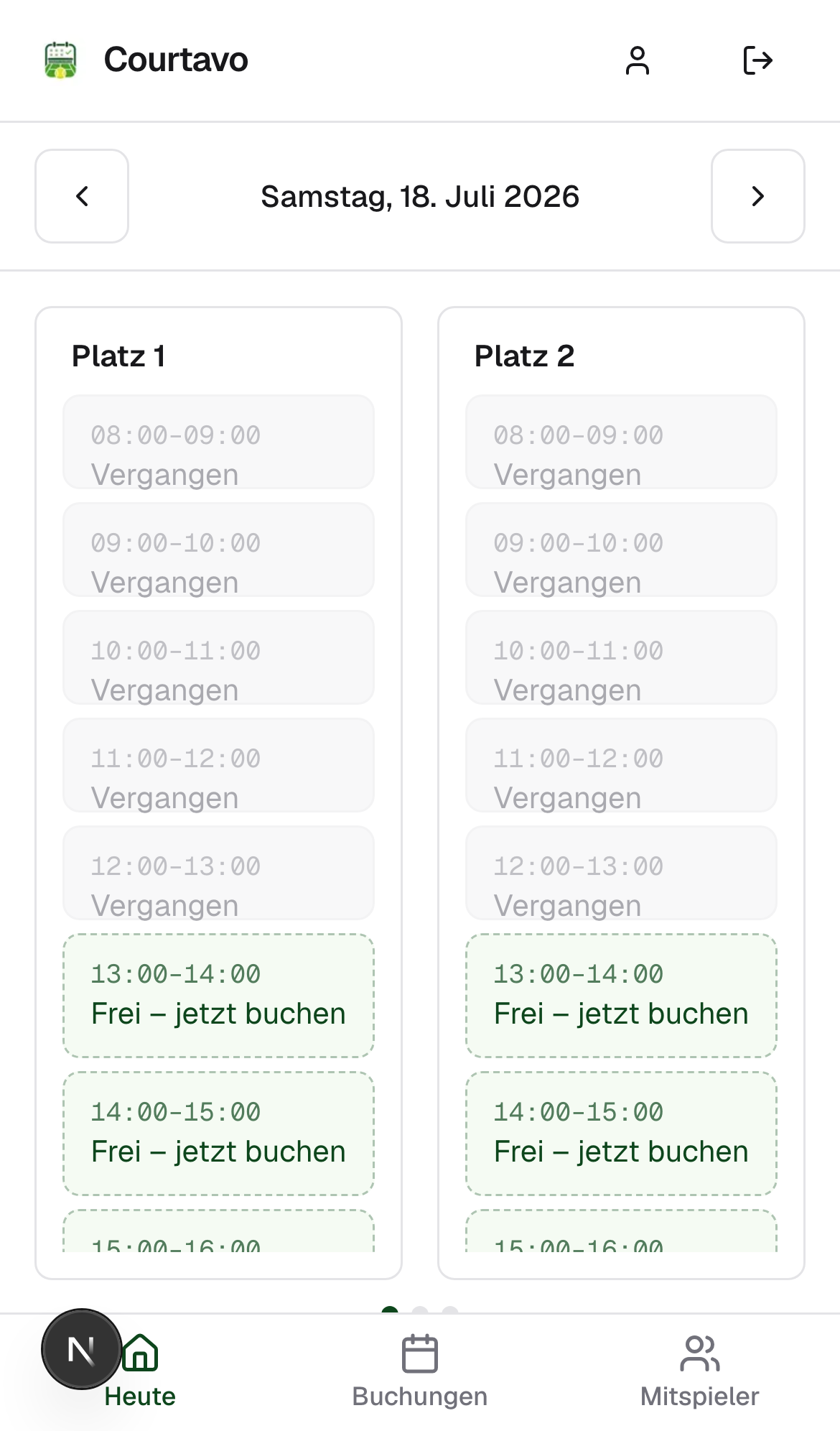 Tagesansicht direkt nach dem Login, mobile Ansicht