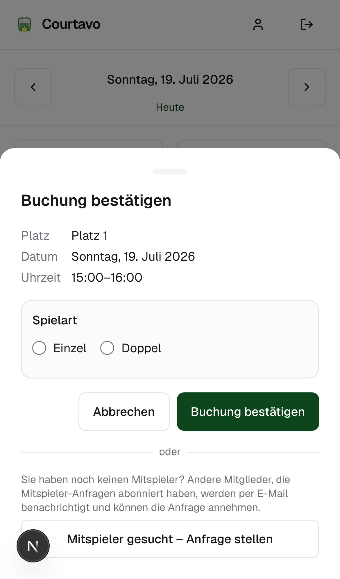 Geöffneter Buchungsdialog, mobile Ansicht