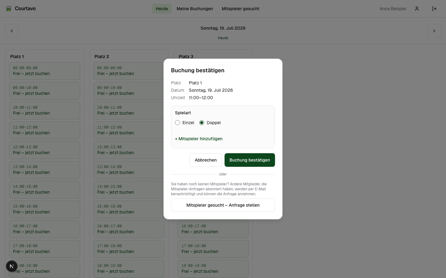 Spielart Doppel ausgewählt