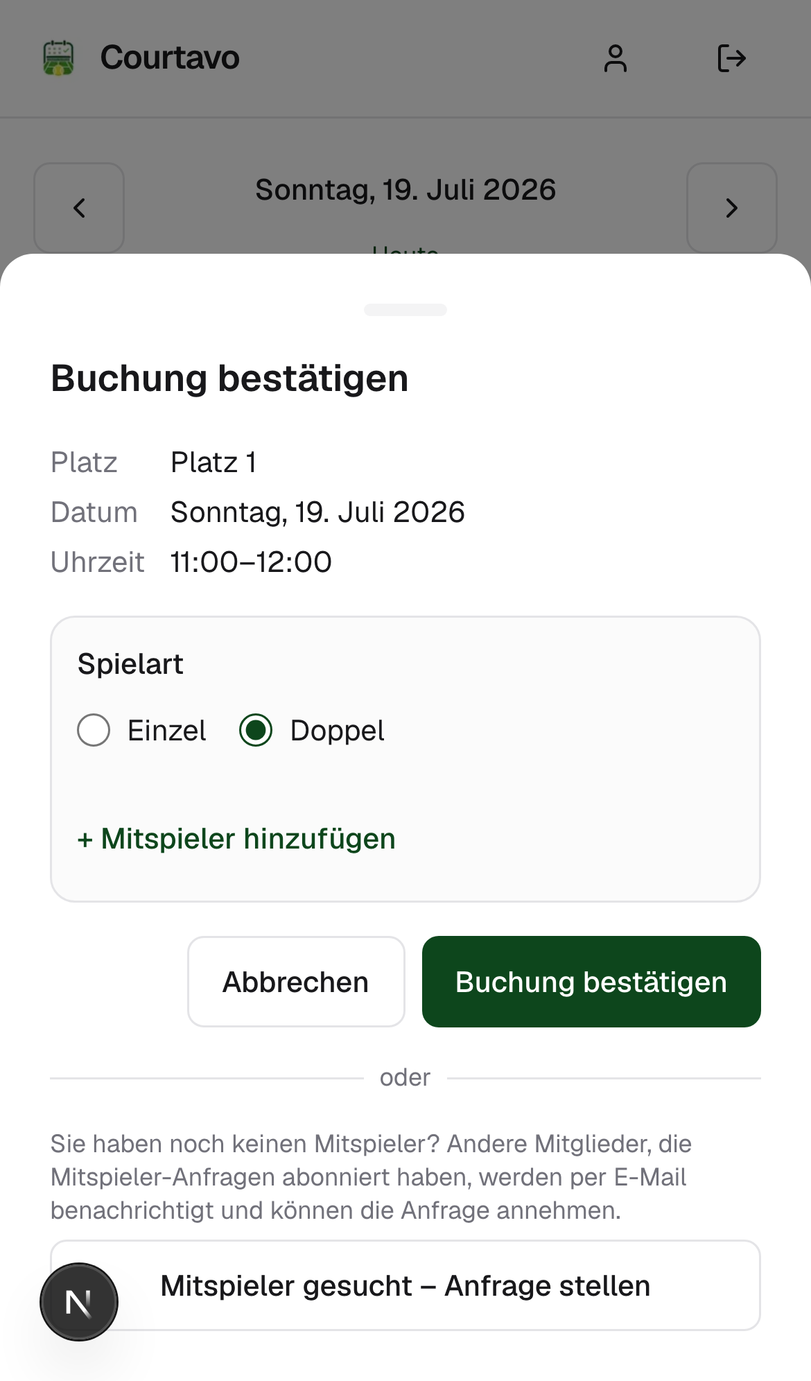 Spielart Doppel ausgewählt, mobile Ansicht