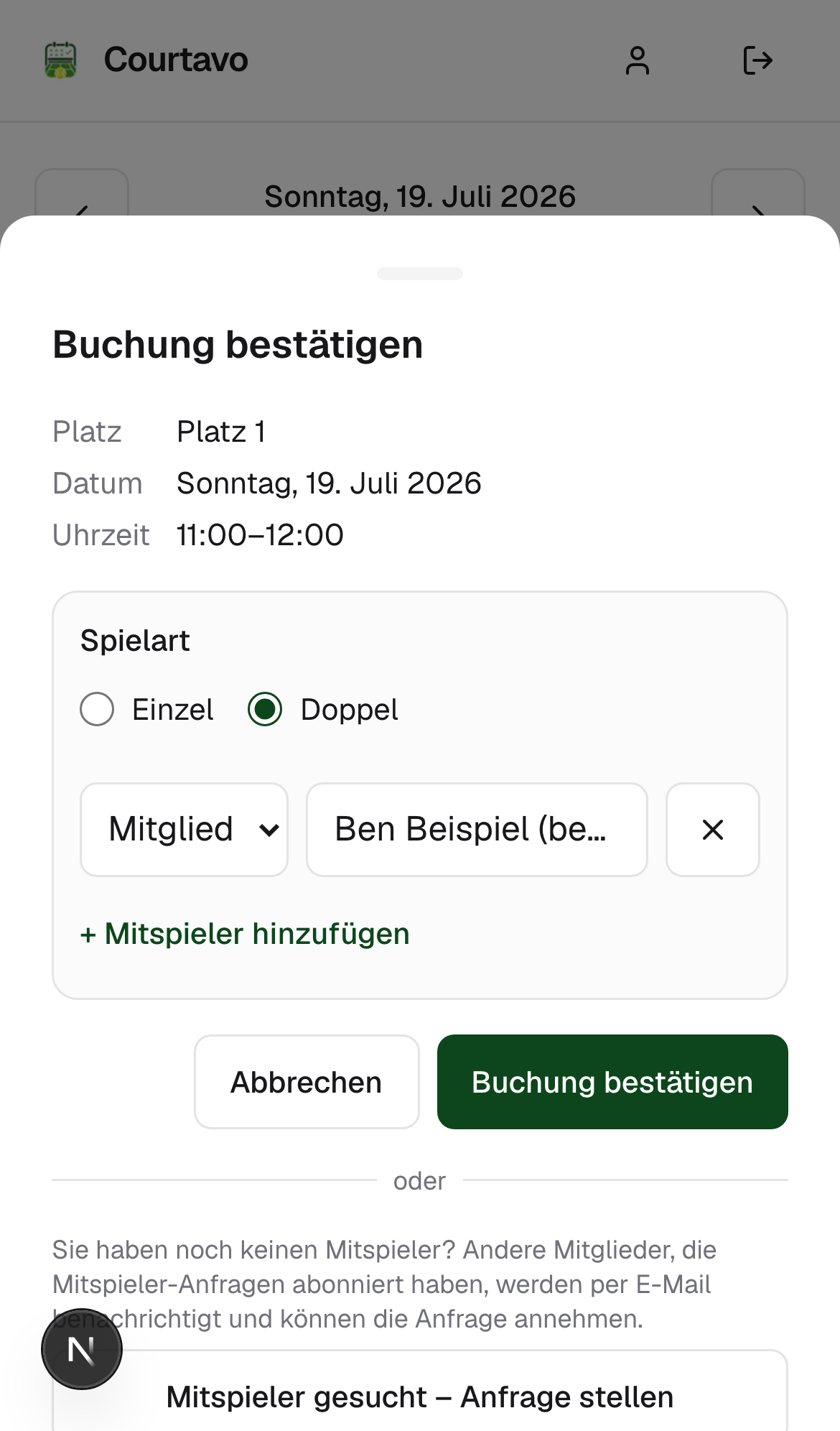 Mitspieler ausgewählt, mobile Ansicht