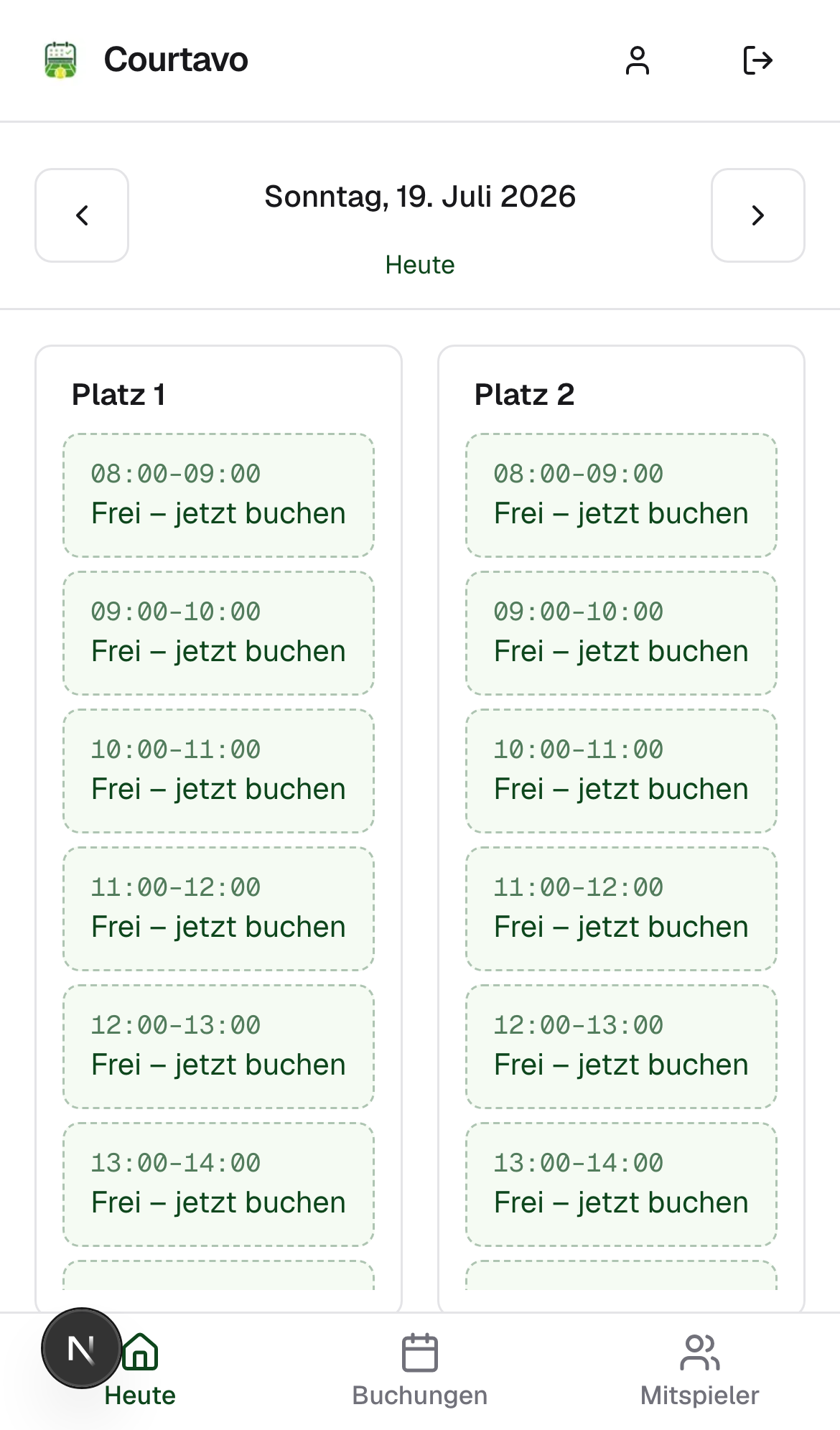Tagesansicht mit freien Zeitslots, mobile Ansicht