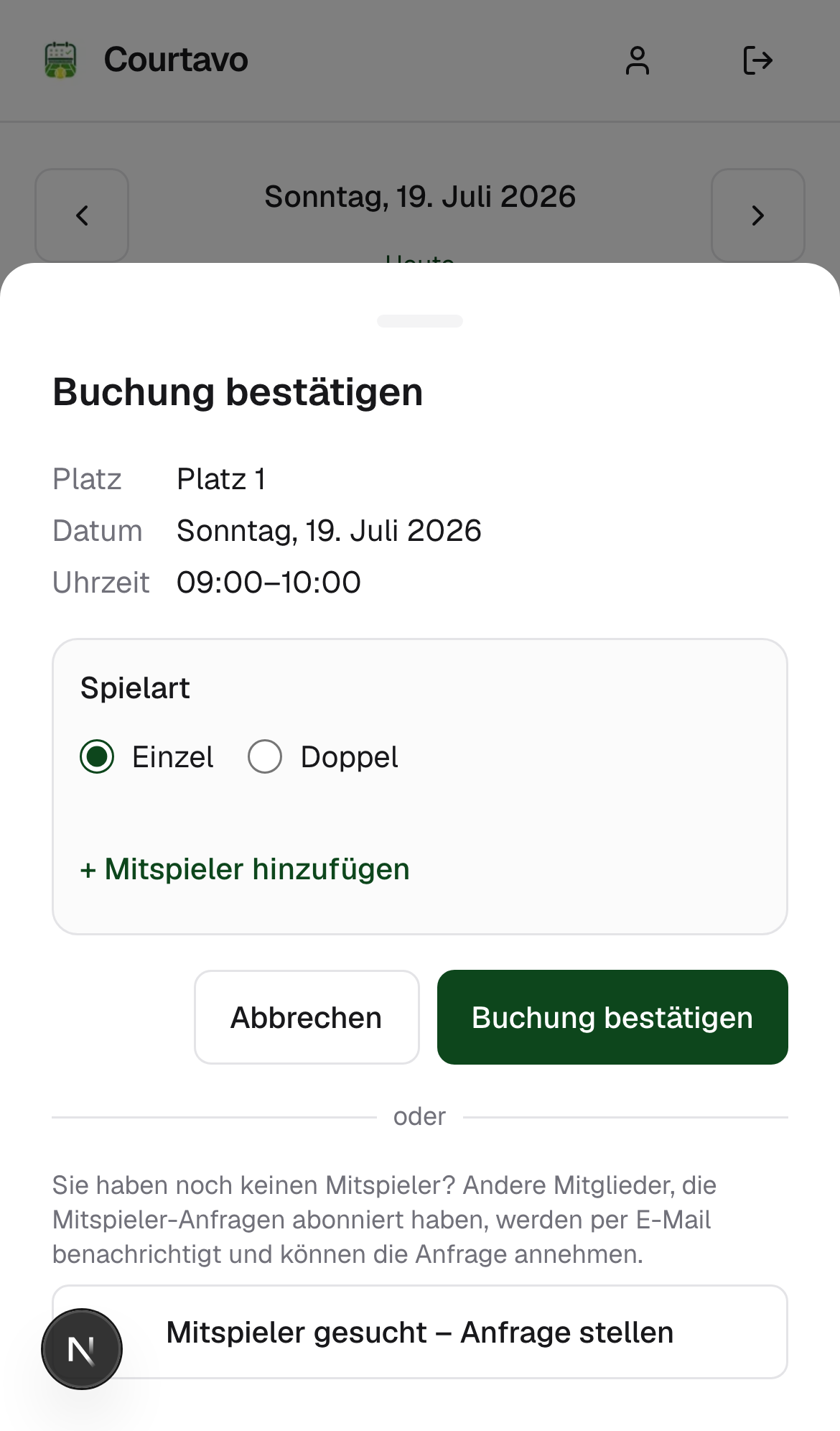 Spielart Einzel ausgewählt, mobile Ansicht
