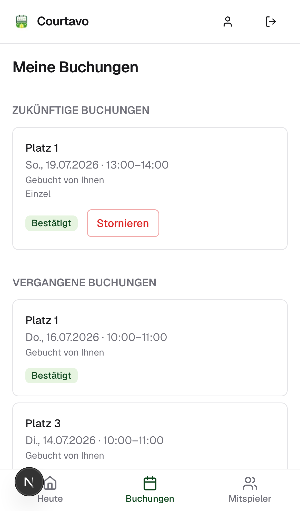 Zu stornierende Buchung mit Stornieren-Button, mobile Ansicht