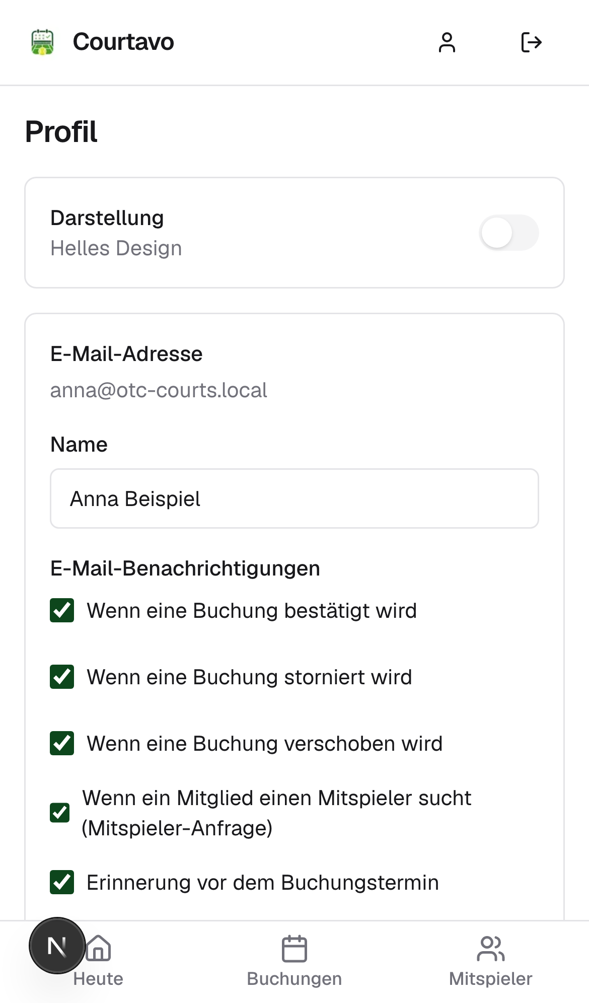 Profilseite mit aktuellen Einstellungen, mobile Ansicht