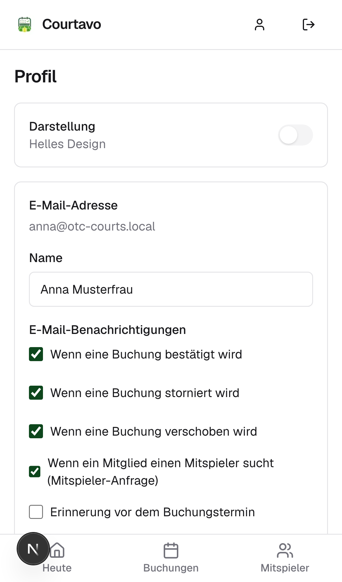 Geänderter Name und angepasste Benachrichtigungen, mobile Ansicht