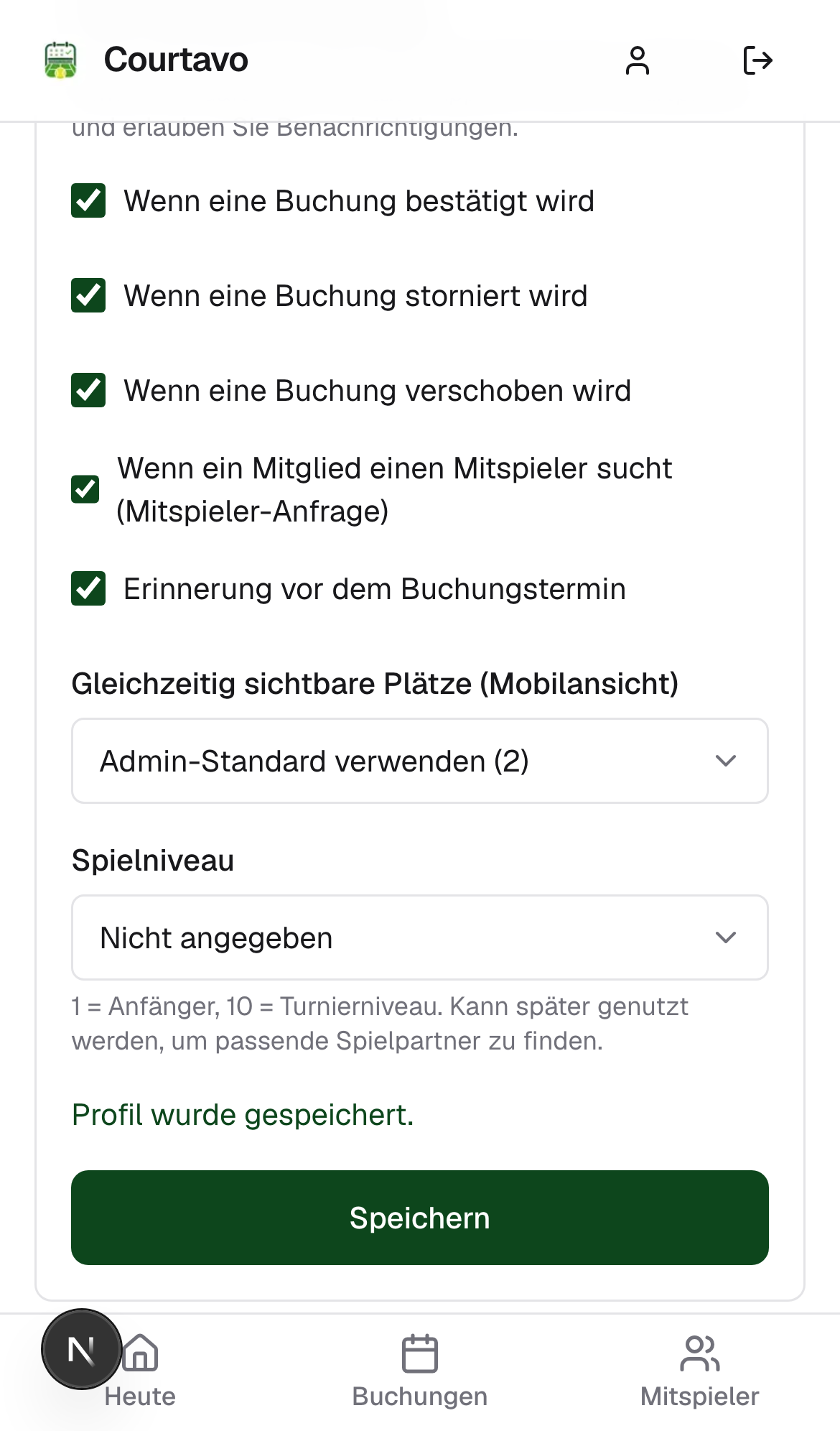 Bestätigung: Profil wurde gespeichert, mobile Ansicht